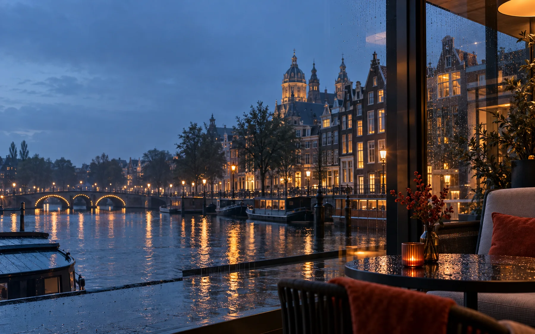 Regenachtig Nederlands avondzicht vanuit een warm verlicht hotelinterieur